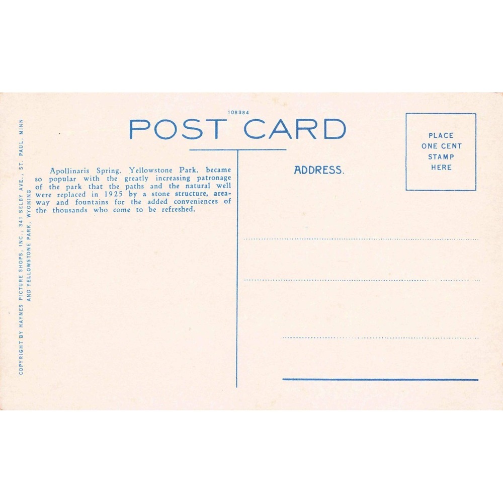 Vintage Haynes Postcard 25119 Apollinaris Spring Yellowstone Park Wyoming VG+ - Picture 2 of 2